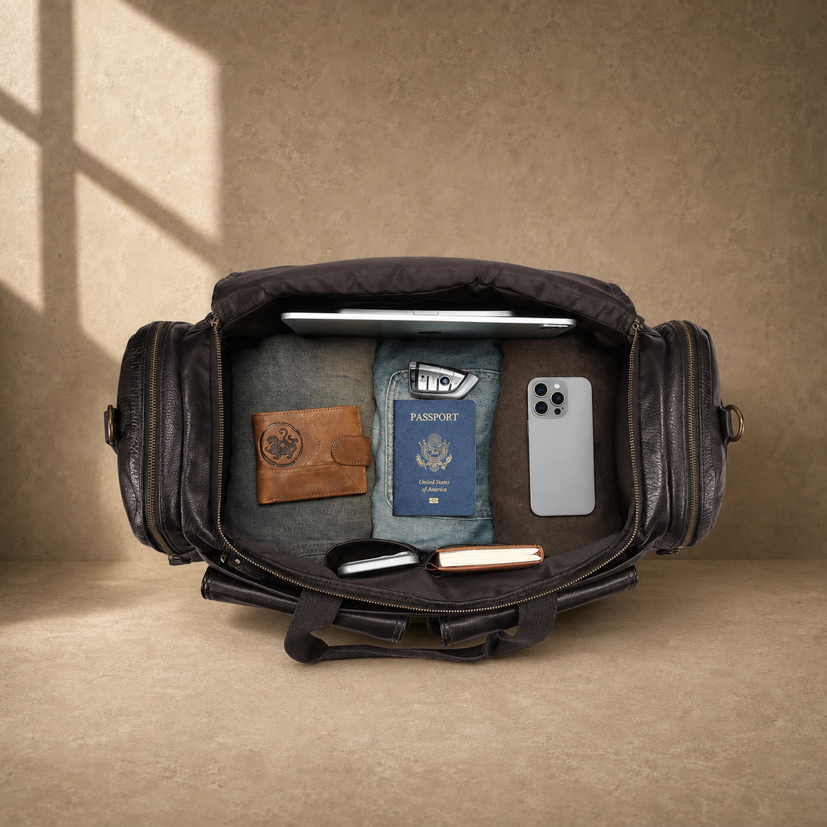 Coffee brown leather utility travel duffel showing packed capacity