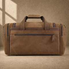 Dark brown leather utility weekender, rear view