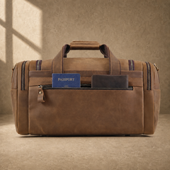 Dark brown leather utility weekender rear zipper pocket in use