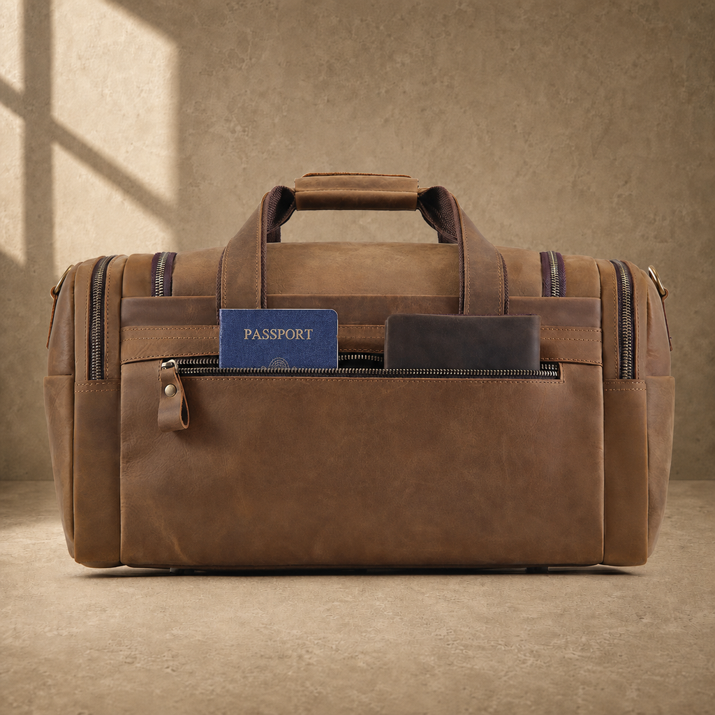 Dark brown leather utility weekender rear zipper pocket in use