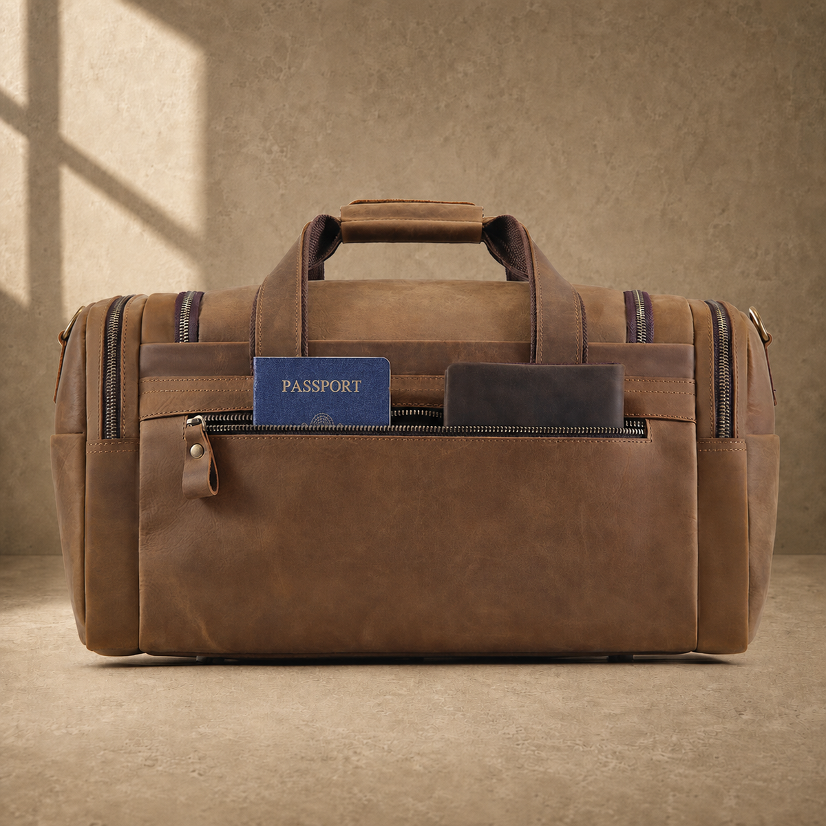 Dark brown leather utility weekender rear zipper pocket in use