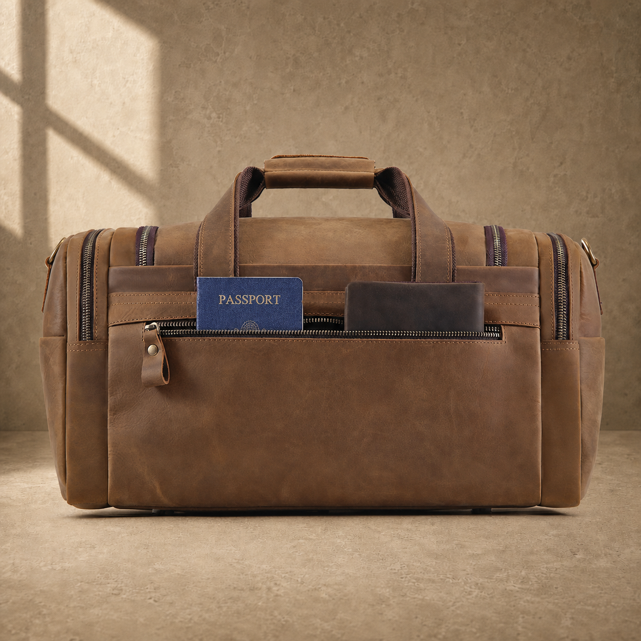 Dark brown leather utility weekender rear zipper pocket in use