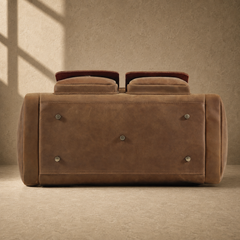Dark brown leather utility weekender with protective metal feet