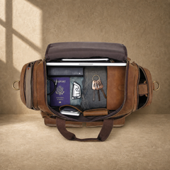Dark brown leather utility weekender showing packed travel capacity