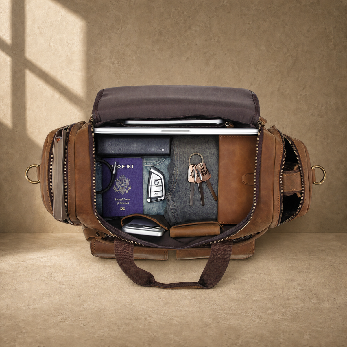 Dark brown leather utility weekender showing packed travel capacity