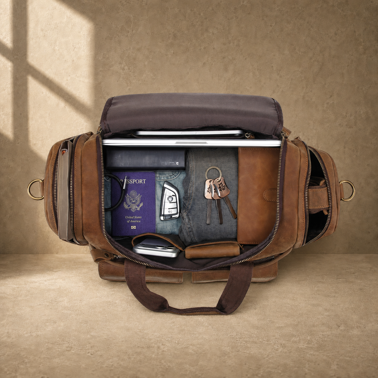 Dark brown leather utility weekender showing packed travel capacity