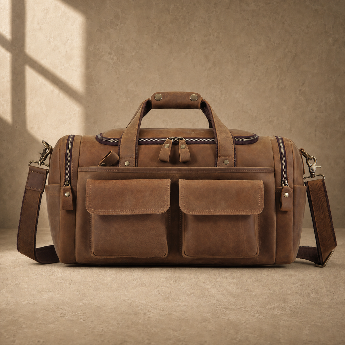 Dark brown leather utility weekender with shoulder strap, front view