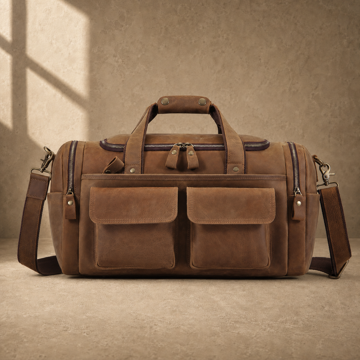 Dark brown leather utility weekender with shoulder strap, front view