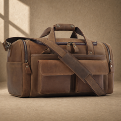 Dark brown leather utility weekender with shoulder strap, three-quarter view