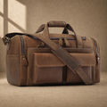 Dark brown leather utility weekender with shoulder strap, three-quarter view