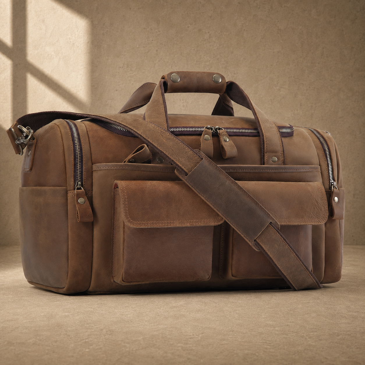 Dark brown leather utility weekender with shoulder strap, three-quarter view