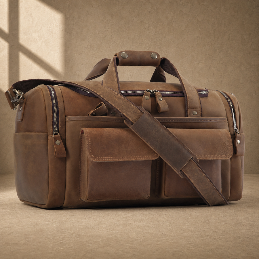 Dark brown leather utility weekender with shoulder strap, three-quarter view