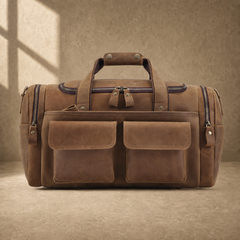 Dark brown leather utility weekender, clean front view
