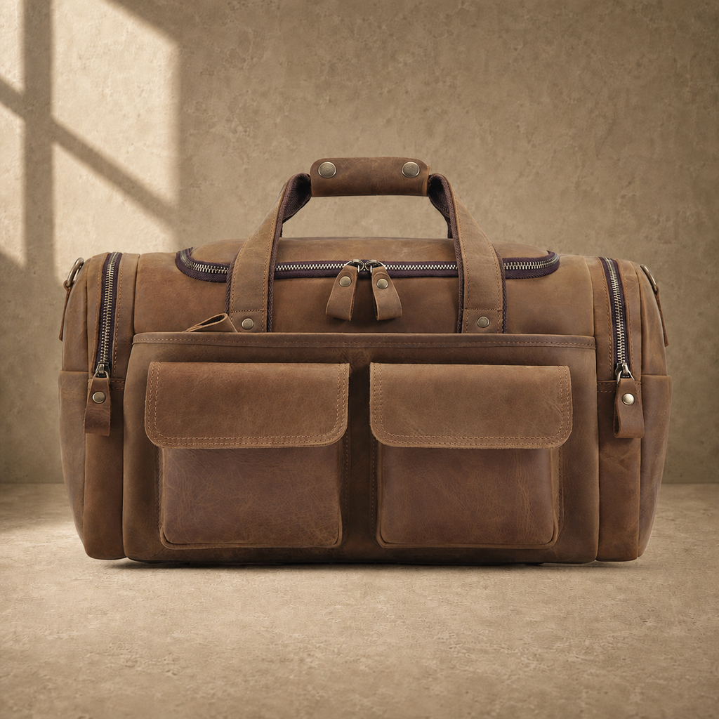 Dark brown leather utility weekender, clean front view