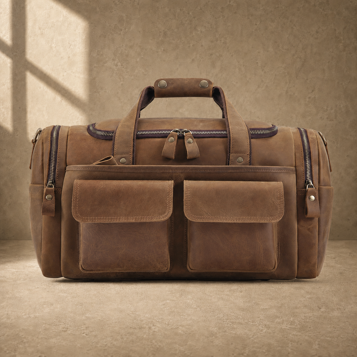 Dark brown leather utility weekender, clean front view
