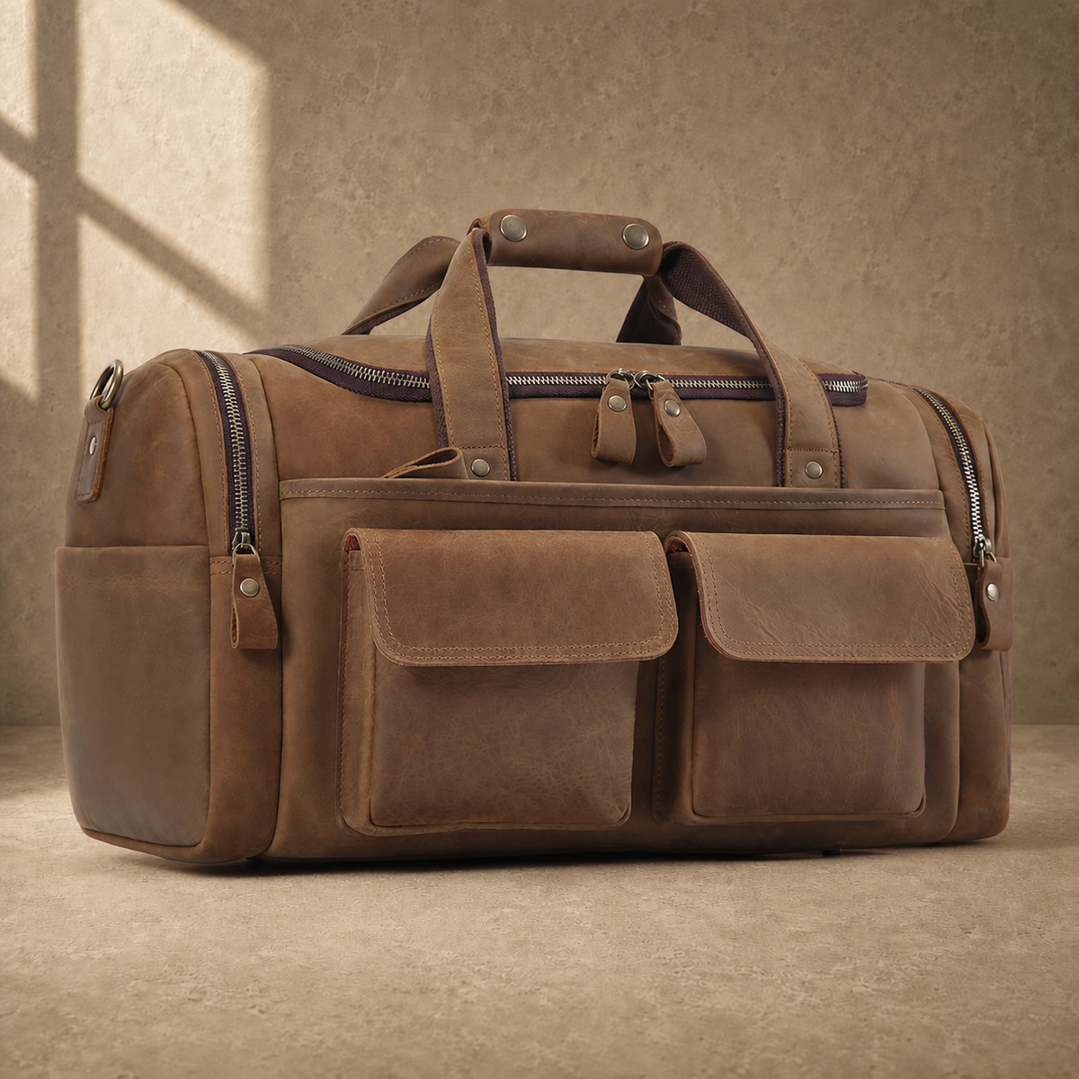 Dark brown leather utility weekender, alternate three-quarter view