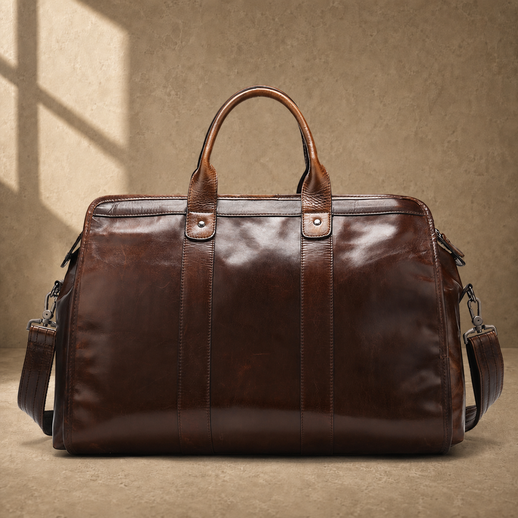 Coffee genuine leather weekender bag, front hero view