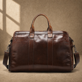 Coffee genuine leather weekender bag, front hero view