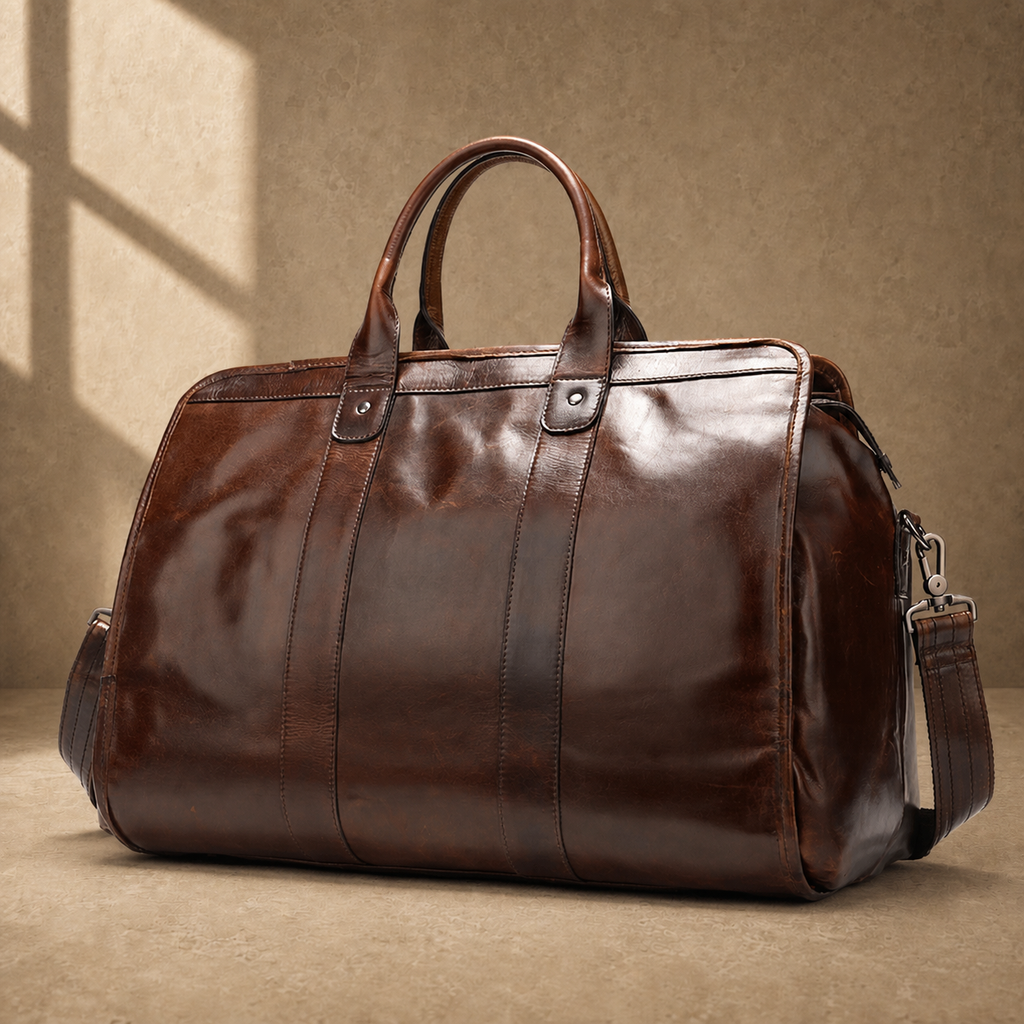 Coffee genuine leather weekender bag, front three-quarter view