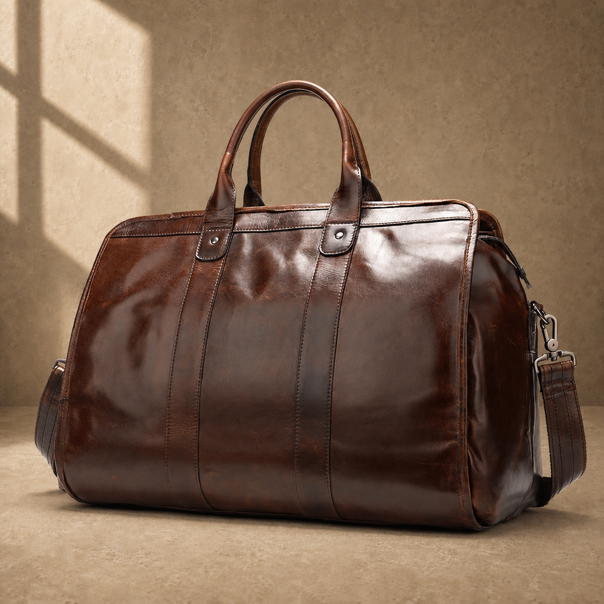 Coffee genuine leather weekender bag, front three-quarter view