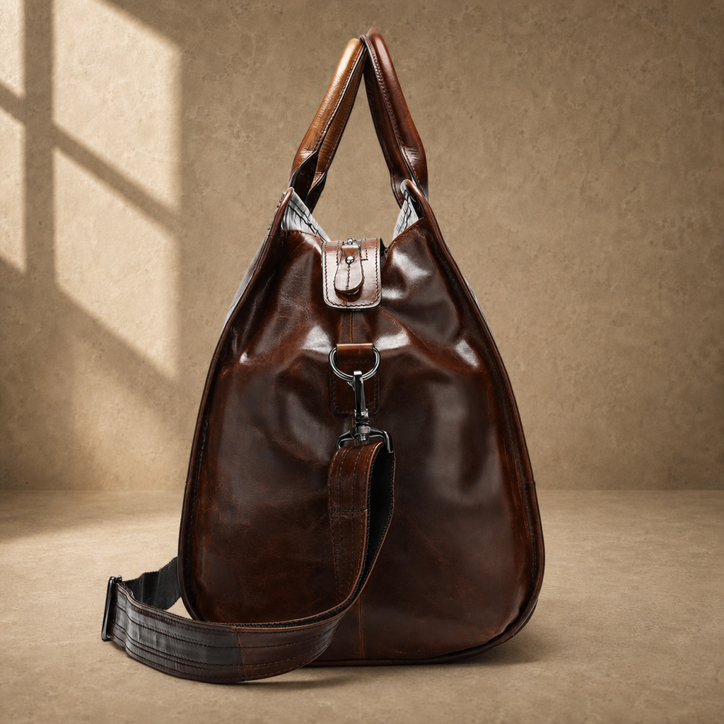 Coffee genuine leather weekender bag, side view with detachable strap