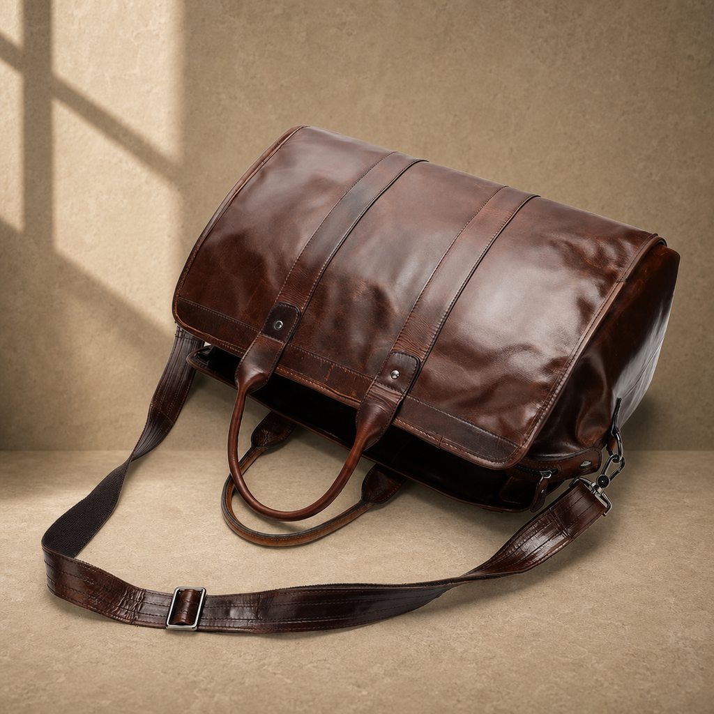 Coffee genuine leather weekender bag, rear top view and shoulder strap