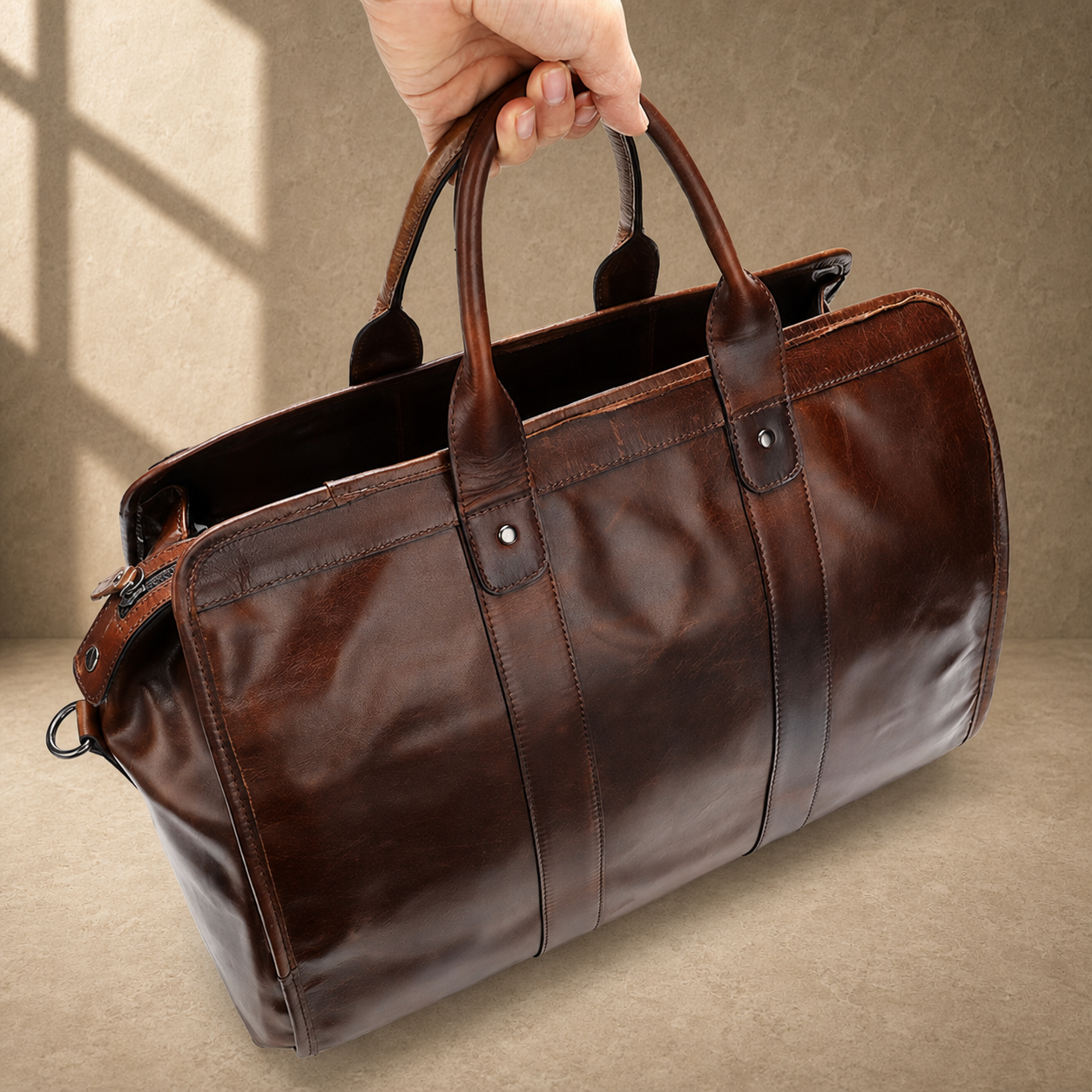 Coffee genuine leather weekender bag, open zip-top compartment