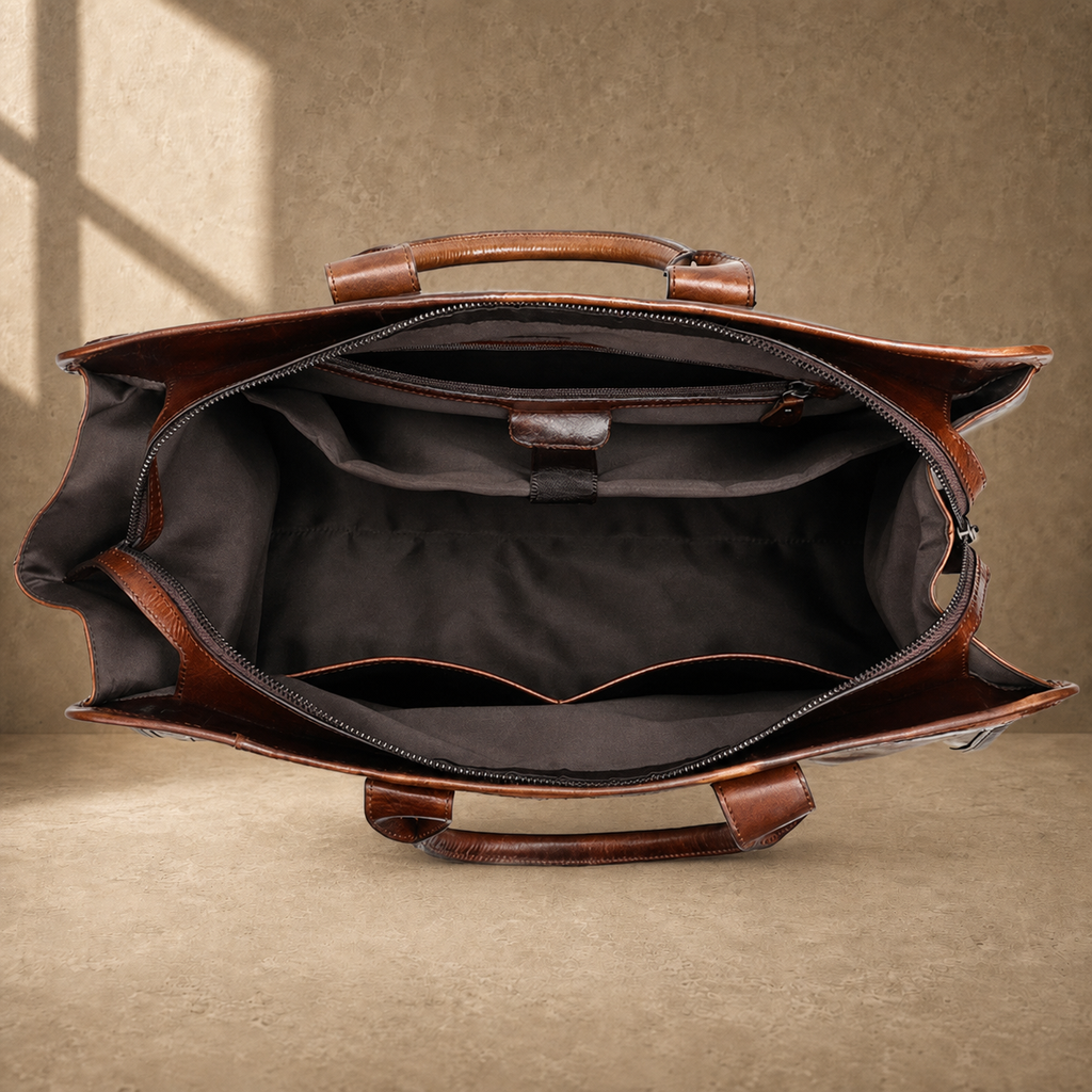 Coffee genuine leather weekender bag, empty interior organizer view