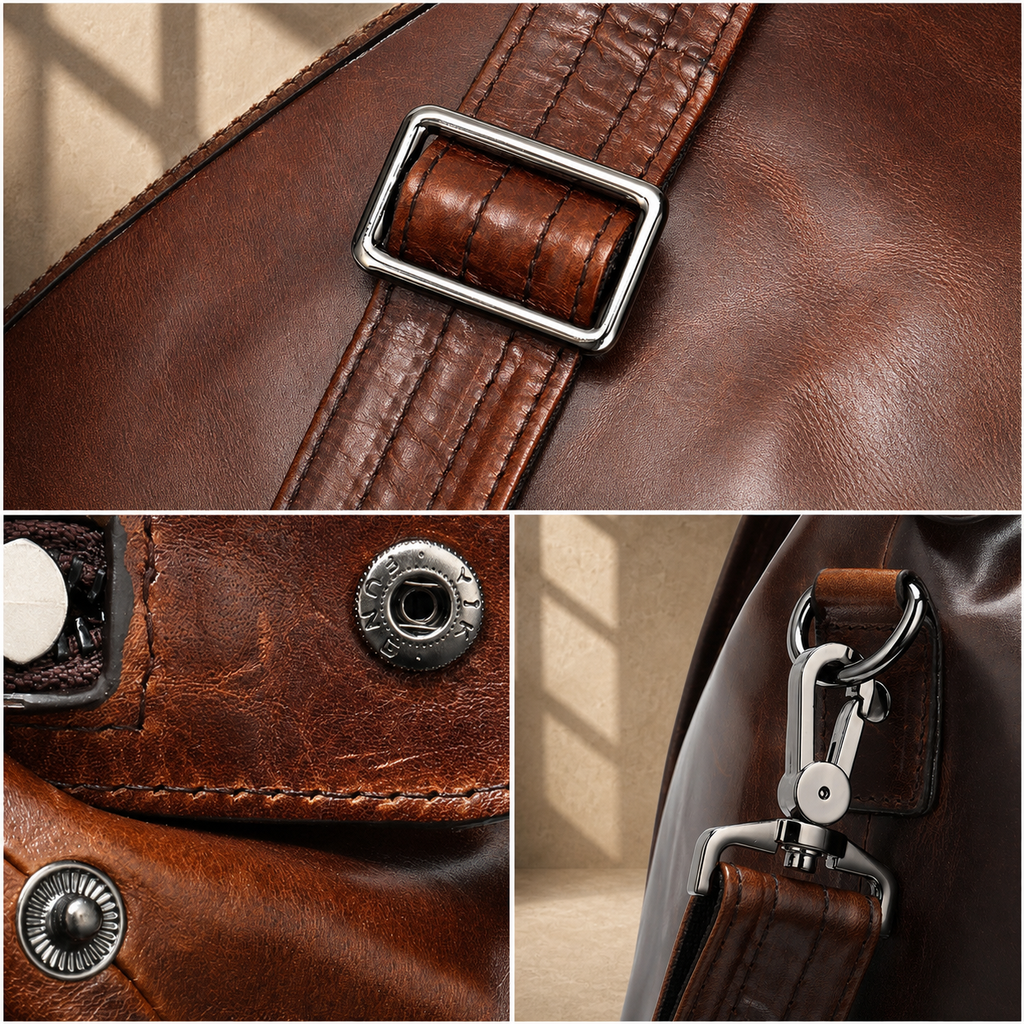 Coffee genuine leather weekender bag, hardware detail collage