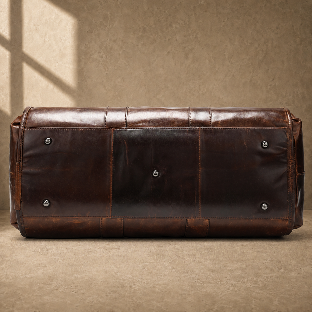 Coffee genuine leather weekender bag, base with protective feet