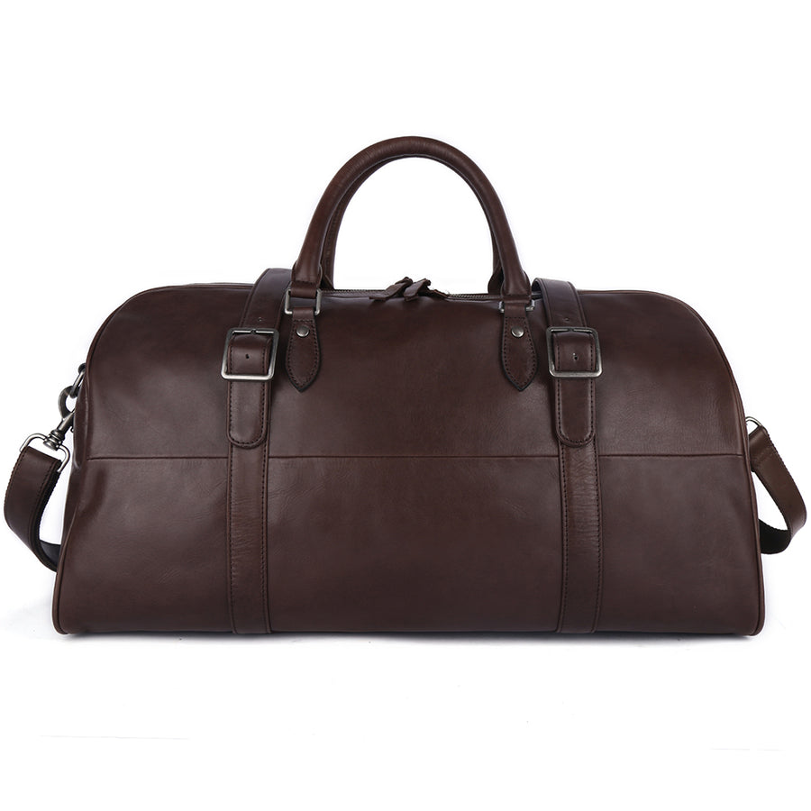 Front view of the Heritage leather weekender in coffee brown