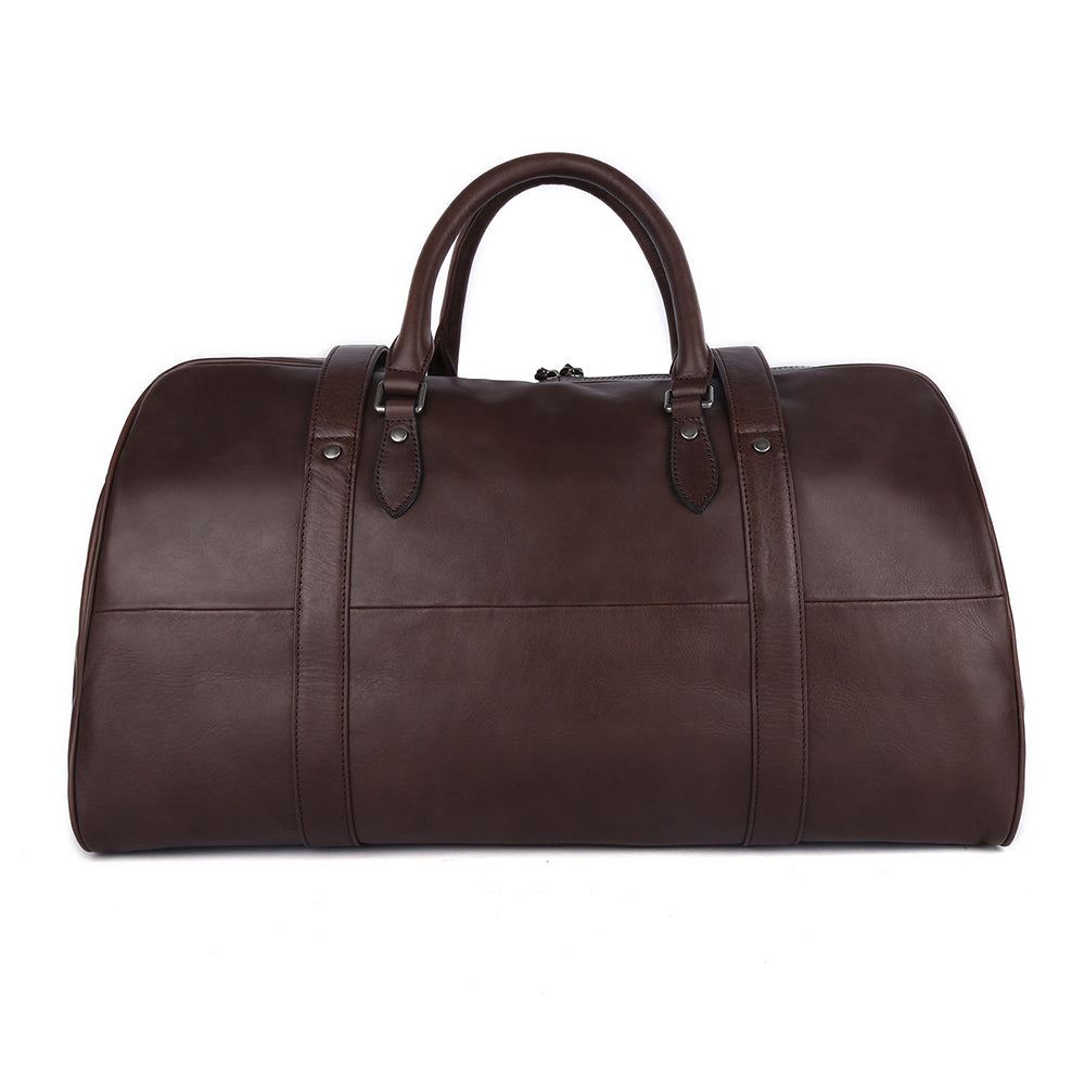 Front three-quarter view of the coffee leather weekender