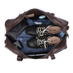 Open weekender packed with clothing, shoes and daily essentials