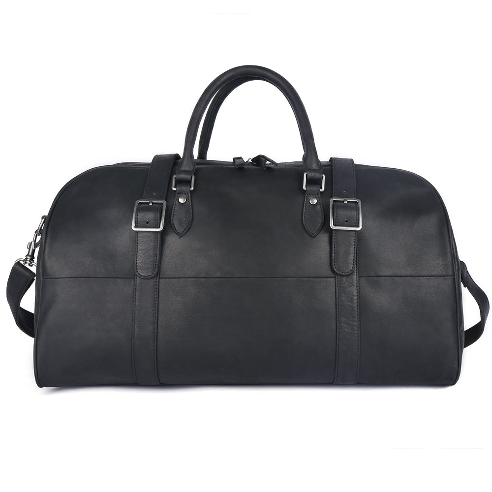 Front view of the Heritage leather weekender in black