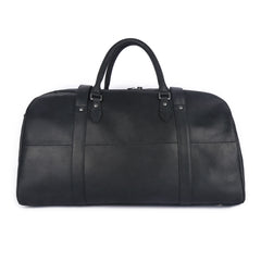 Three-quarter view of the black leather weekender