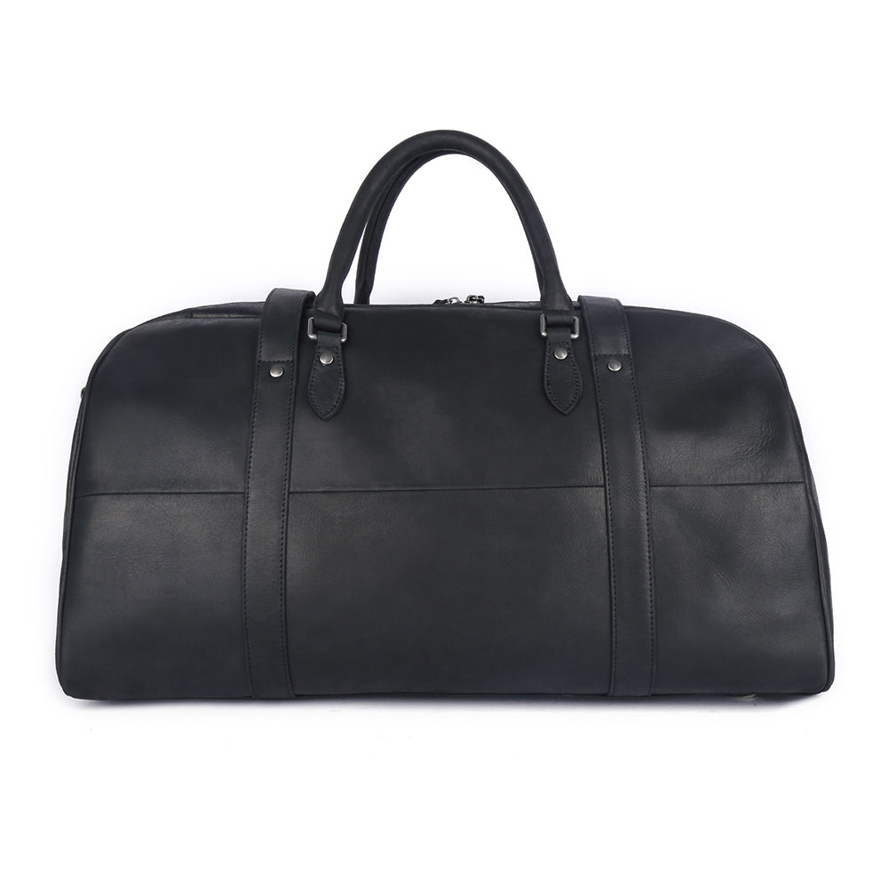 Three-quarter view of the black leather weekender