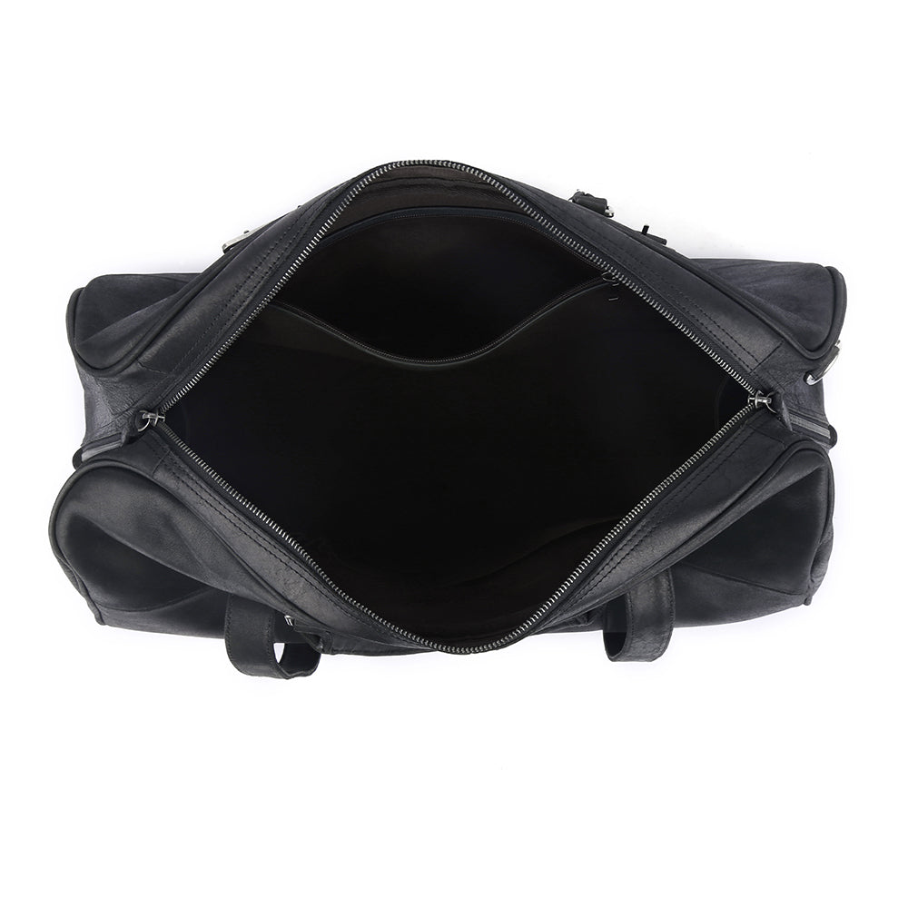 Side profile of the black leather weekender