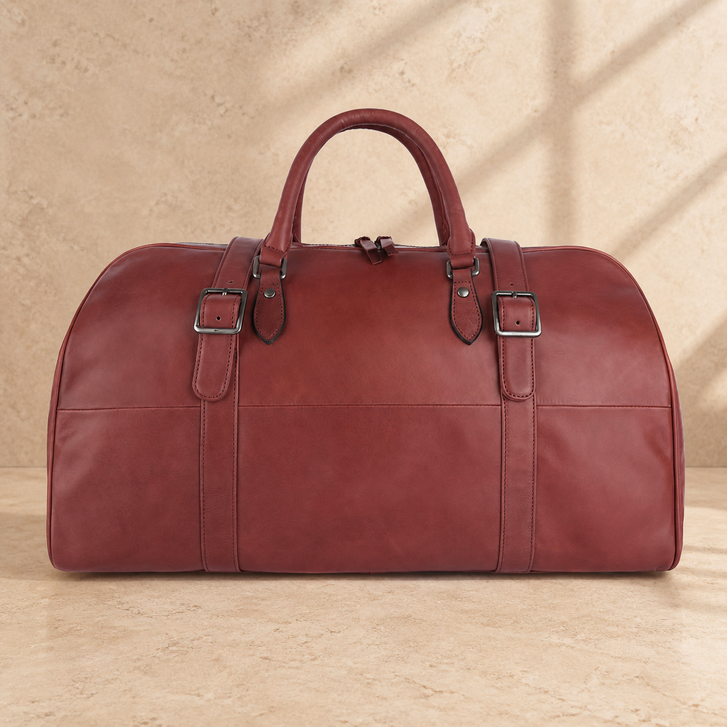 Burgundy leather large weekender bag, clean front profile