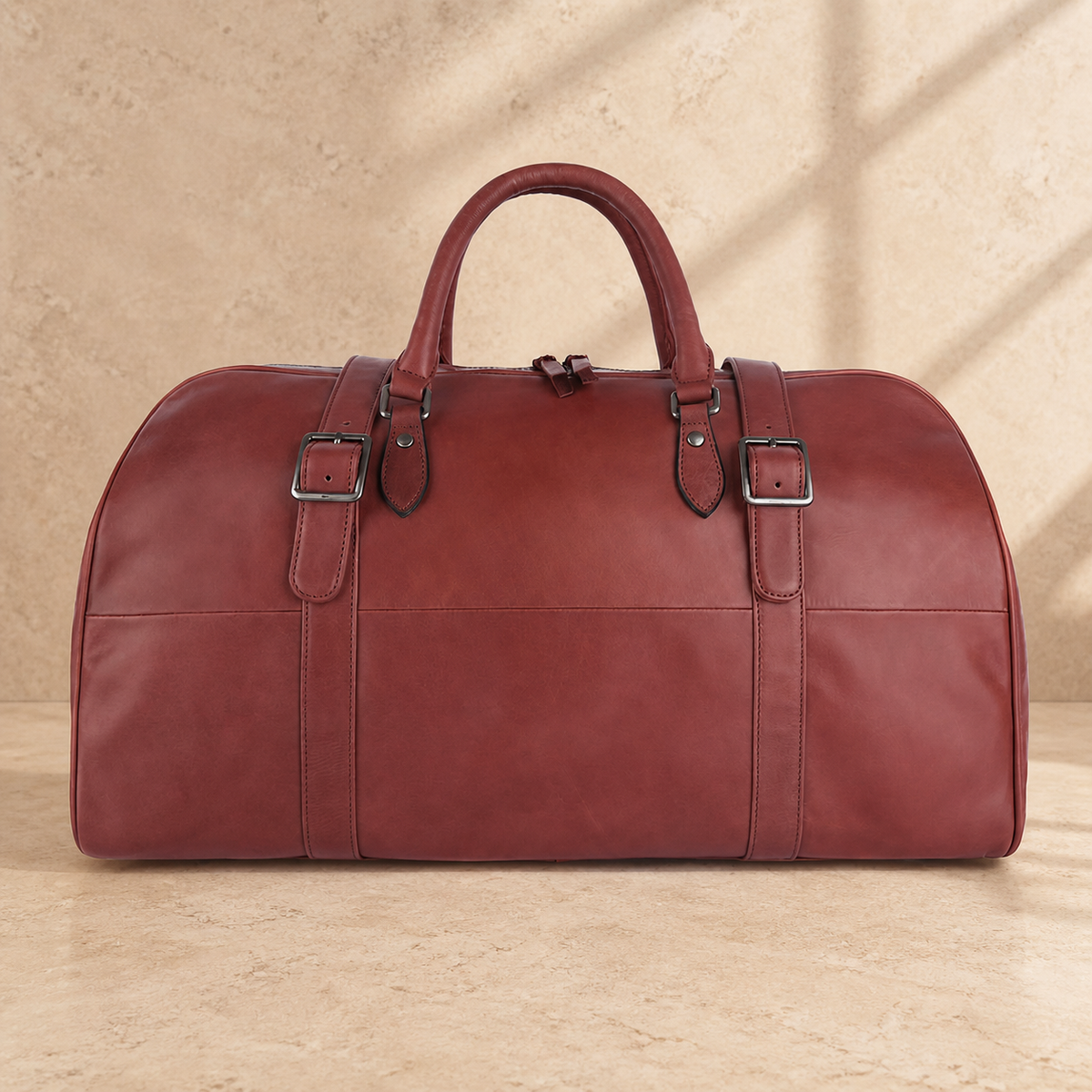 Burgundy leather large weekender bag, clean front profile