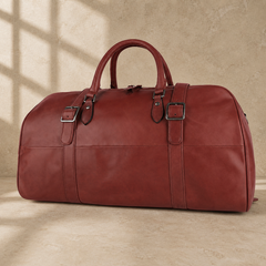 Burgundy leather large weekender bag, three-quarter view