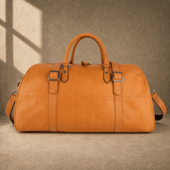 Cognac classic weekender duffel with shoulder strap, front view