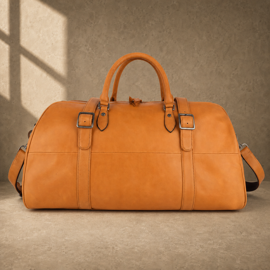 Cognac classic weekender duffel with shoulder strap, front view