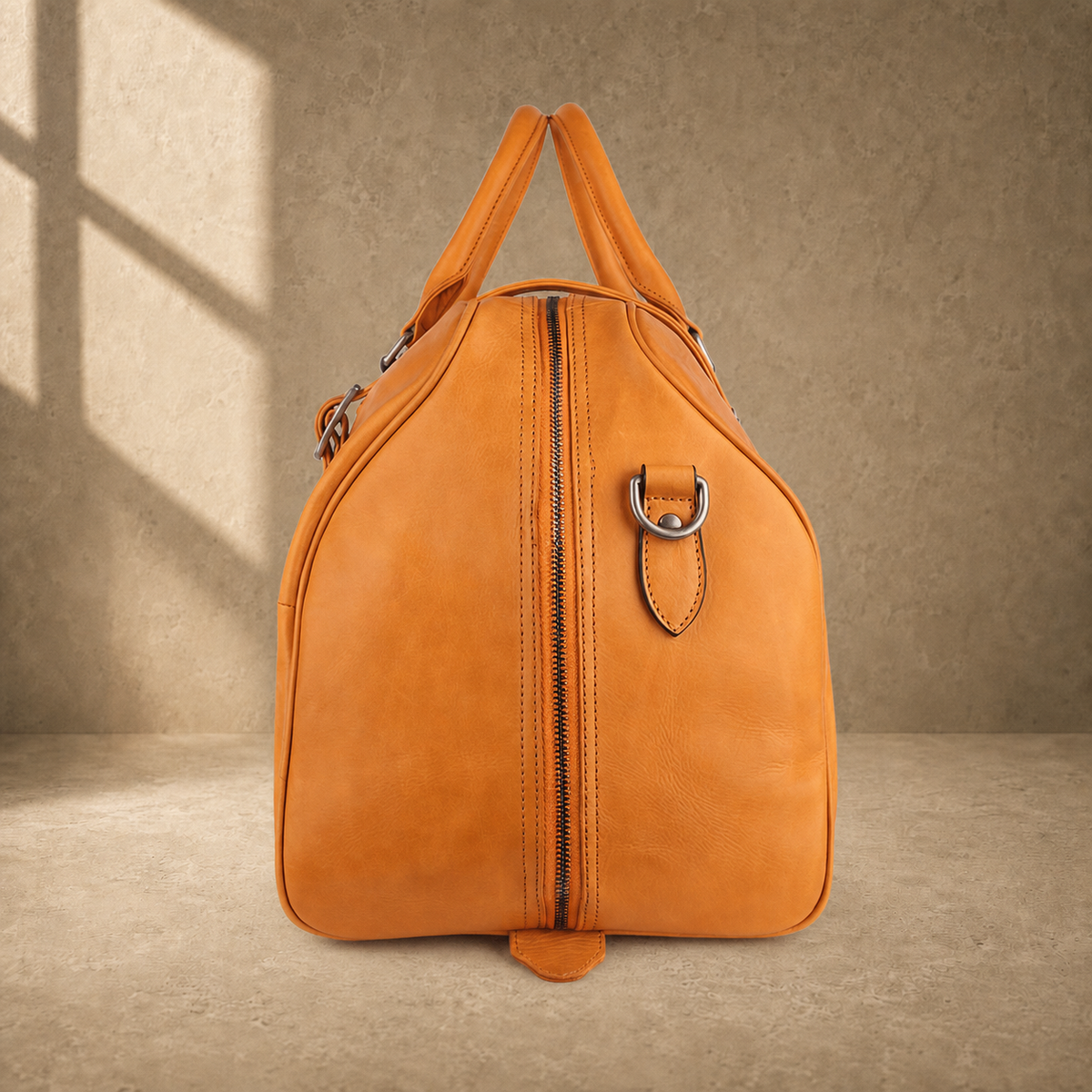 Cognac classic weekender duffel, side profile