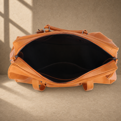 Cognac classic weekender duffel showing empty interior