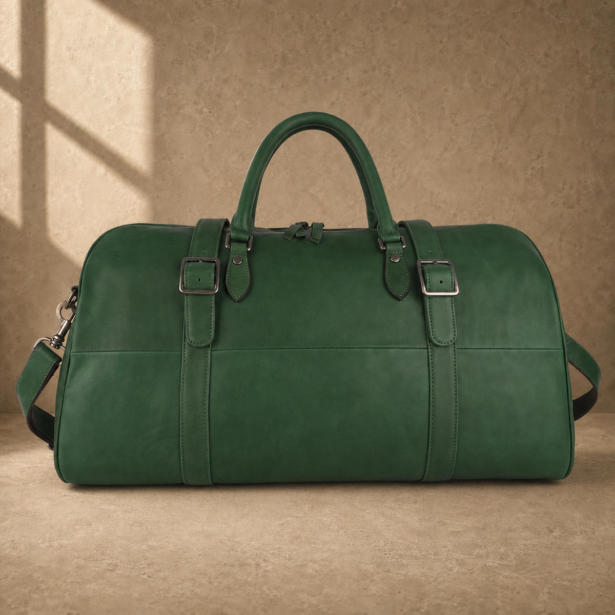 Forest green leather large weekender duffel with shoulder strap, front view