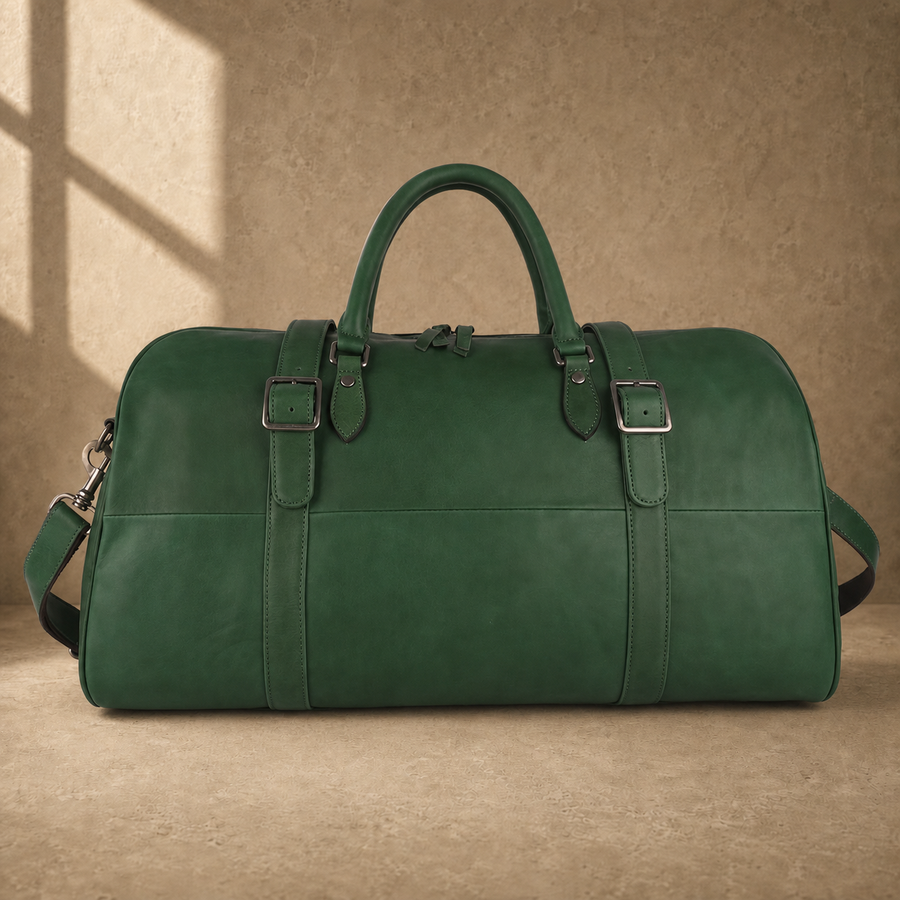 Forest green leather large weekender duffel with shoulder strap, front view