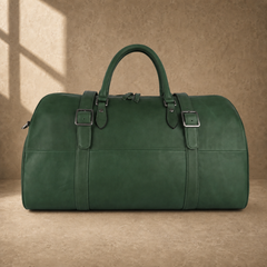 Forest green leather large weekender duffel, clean front view
