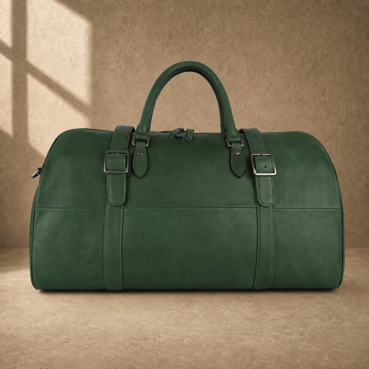 Forest green leather large weekender duffel, clean front view