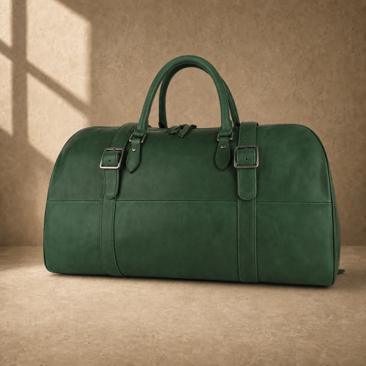 Forest green leather large weekender duffel, three-quarter view