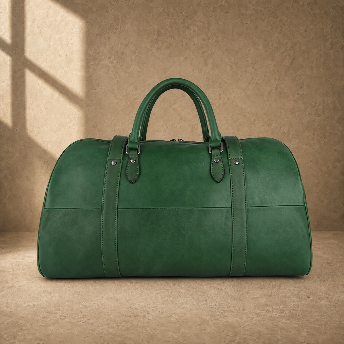 Forest green leather large weekender duffel, rear view